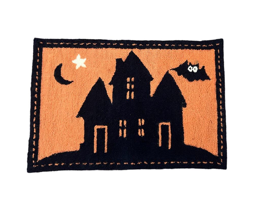 Pottery Barn Kids Orange Black Halloween Spooky Haunted House Rug Bats 36”x24”